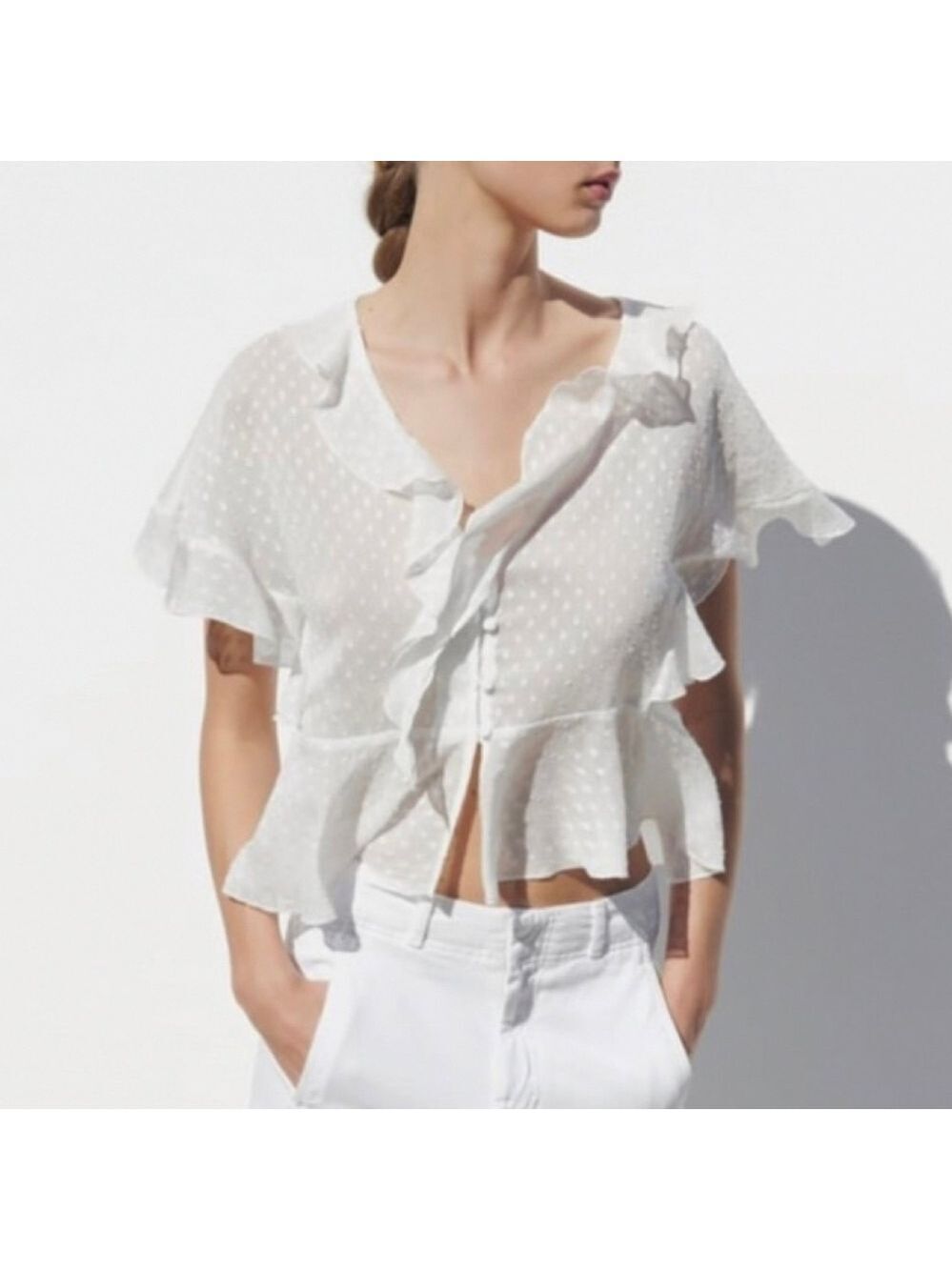 Zara Sheer Swissdot Ruffle Neckline and Trim Relaxed Fit Top Blouse